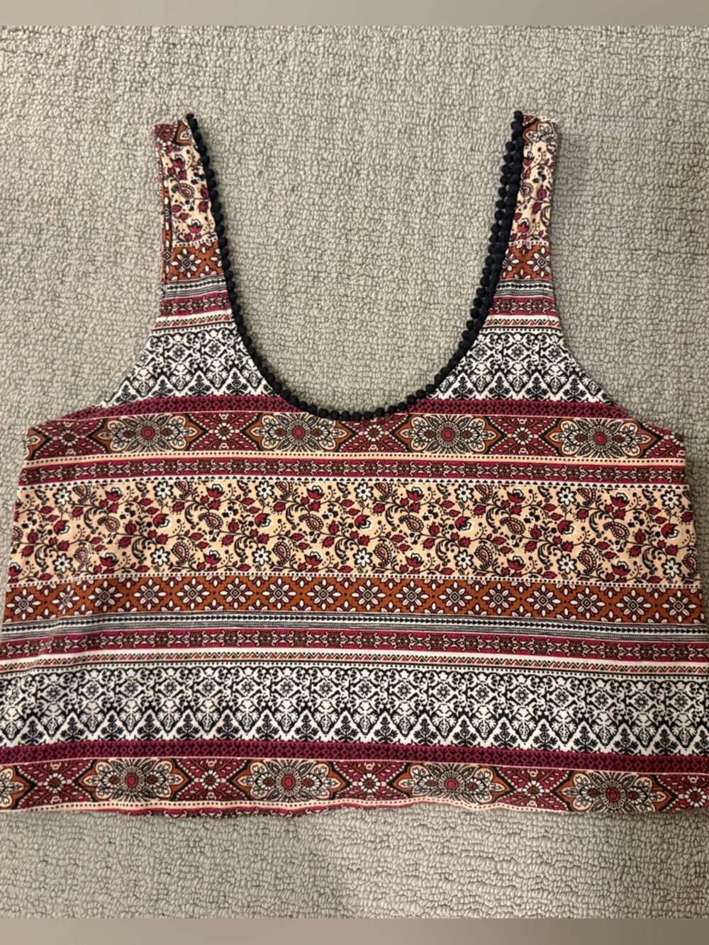 Forever 21 Boho Crop Top Floral Paisley Tank Pom Trim Women’s S - Picture 3 of 4